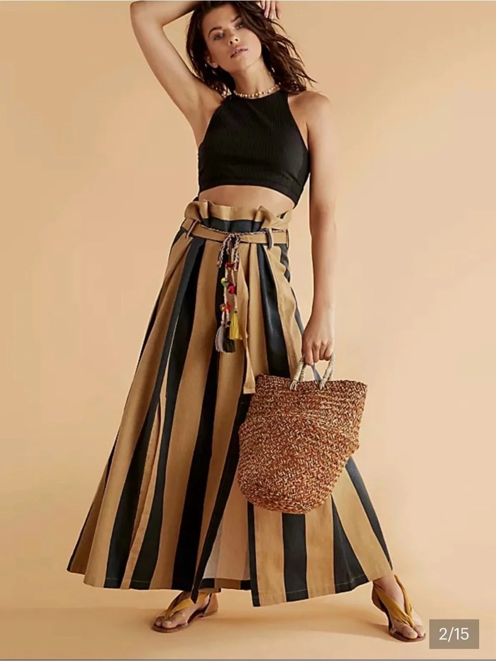 Free People Black and Tan Vertical-Stripe Marjorie Pants